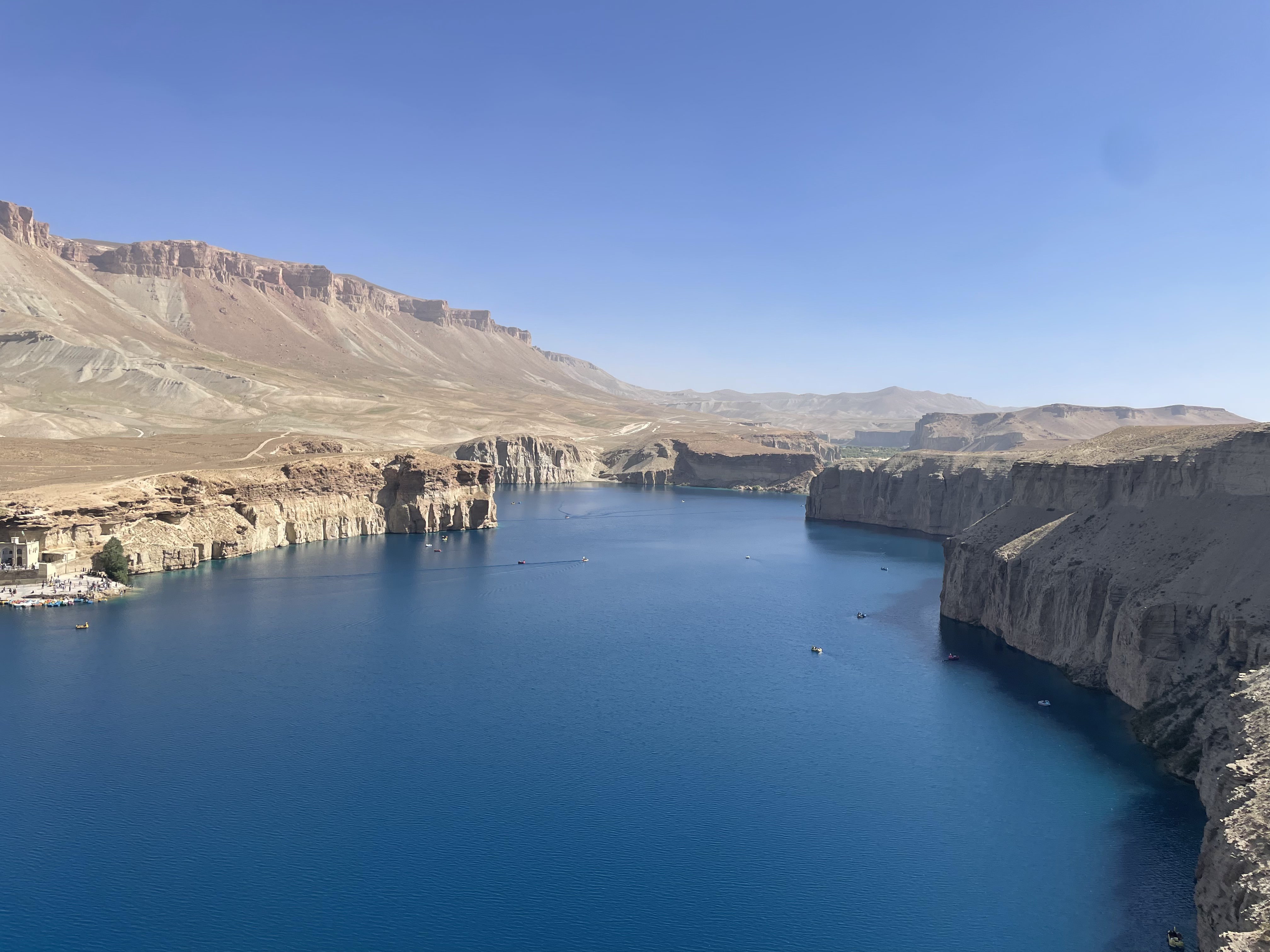 Deep blue lake of Band-e-Amir, Afghanistan, between pale limestone cliffs