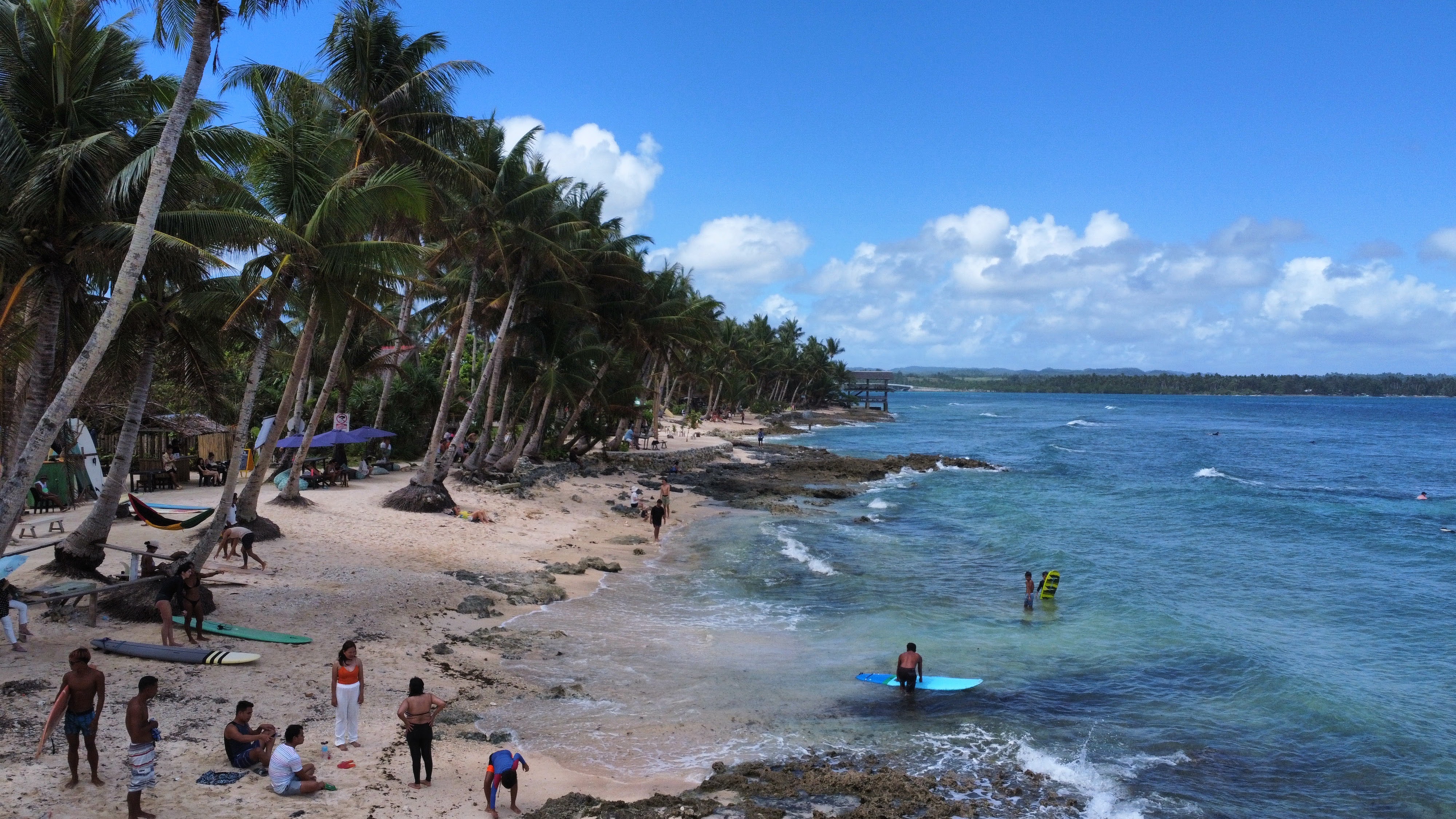 Palm-lined beach with surfers on Siargao Island, Philippines, seen from a drone
