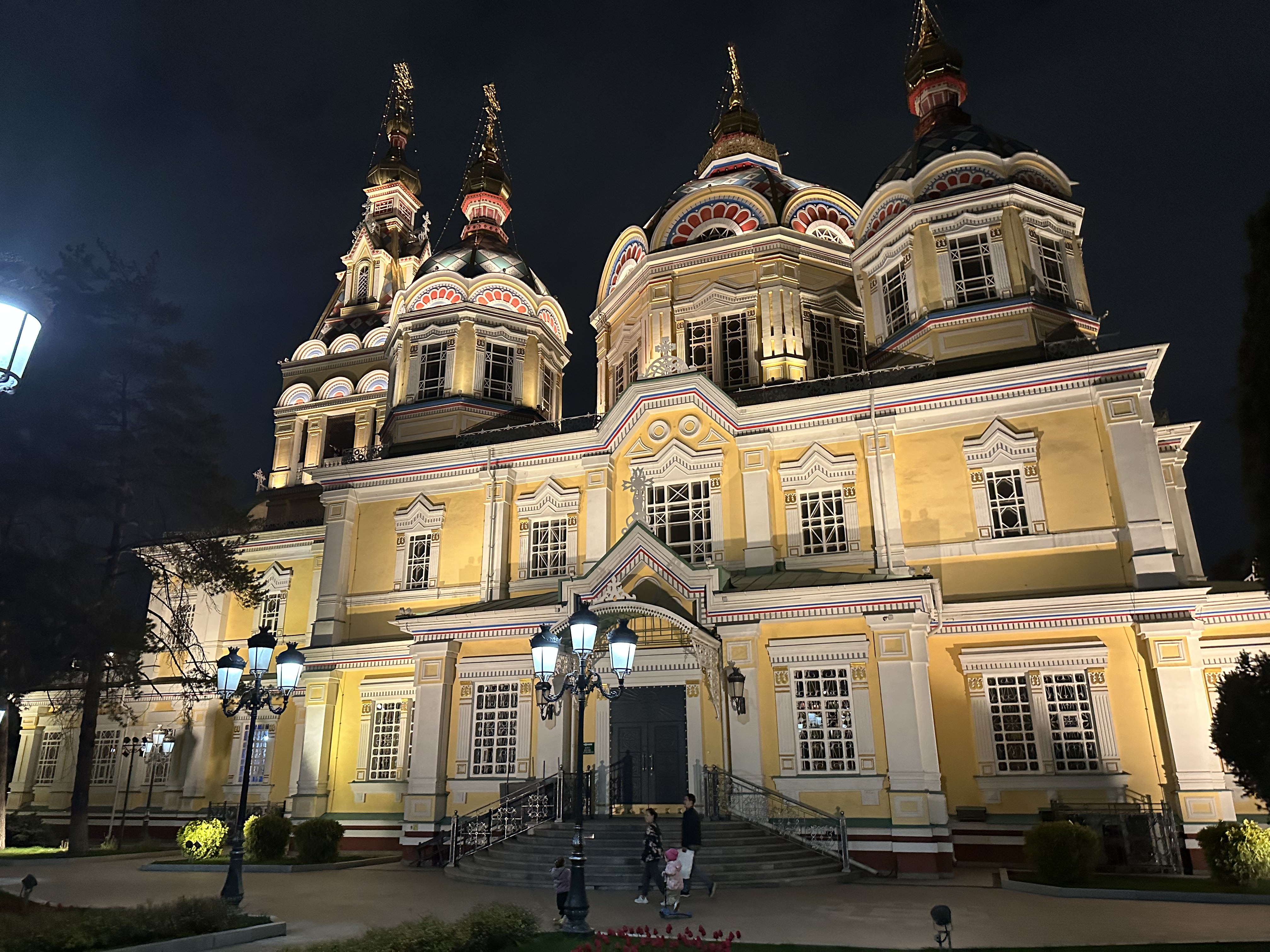 Zenkov Cathedral in Almaty, Kazakhstan, lit up at night