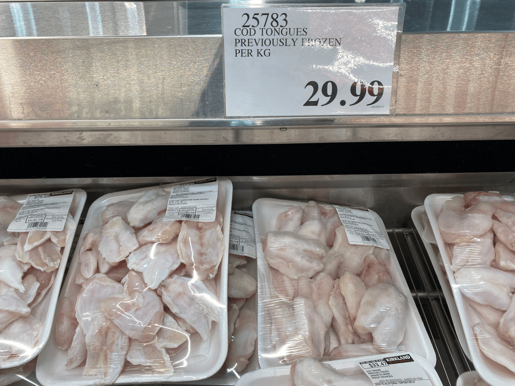 Package of cod tongues on a Costco shelf in St. John's
