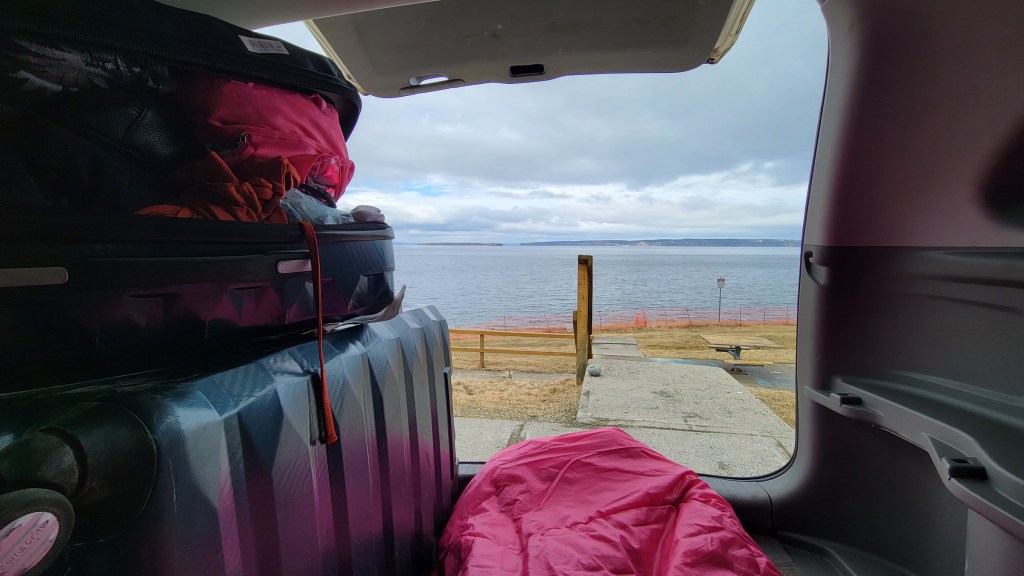 Sleeping setup in the back of the rental car