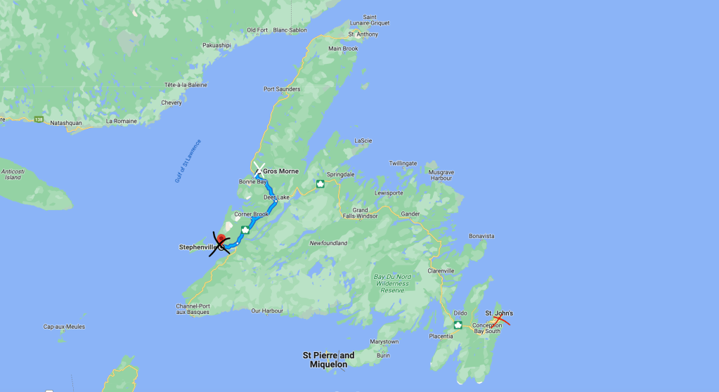 Map of Newfoundland marking Stephenville, my location and St. John's