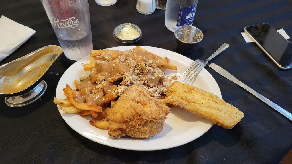 Fries with dressing and gravy at the inn in Arnold's Cove
